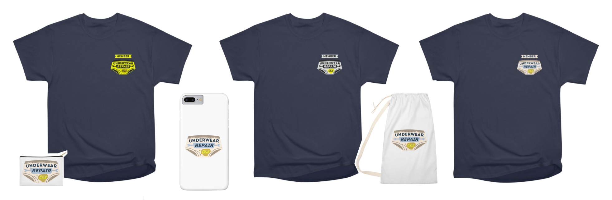 underwear repair club merchandiese: iphone cases, zip pouches, laundry bags, t-shirts