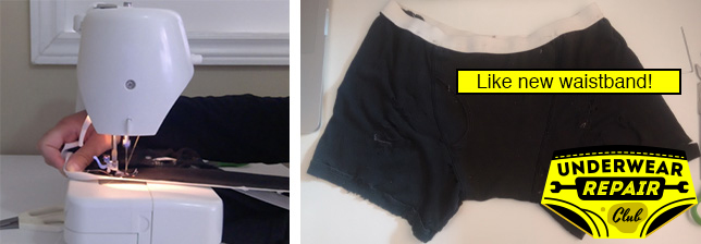 sewing the reclaimed underwear waistband onto the jordache underwear