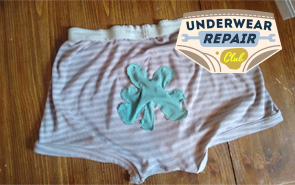 underwear patched up with shamrock patch sourced from reclaimed underwear