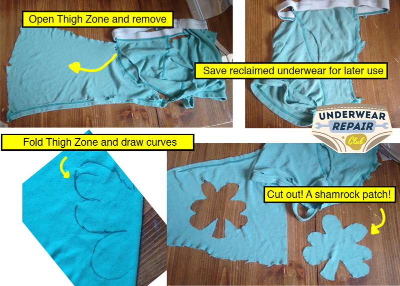 Remove thigh zone from reclaimed Fruit of the loom underwear. Fold thigh zone, draw 3 testicle shapes, cut to reveal a shamrock shape