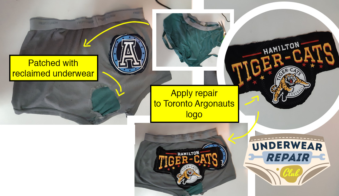 toronto argonaut underwear repair, Argo patch replaced with Hamilton ticat logo